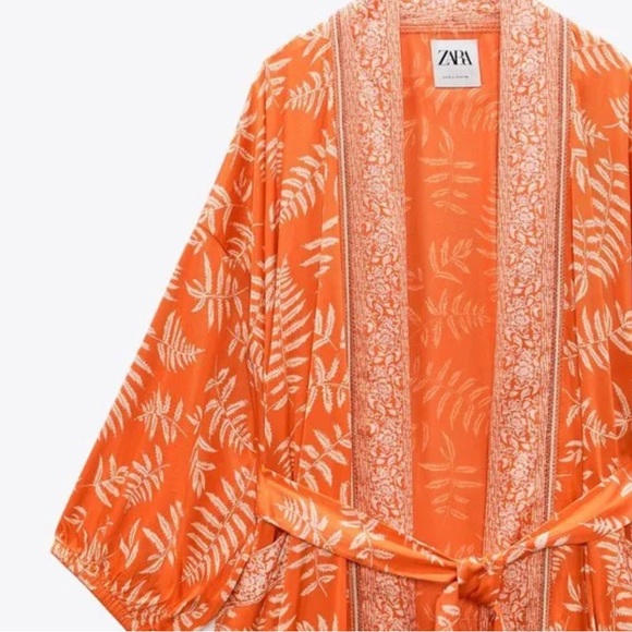 NWT ZARA Long Orange and White fern print Hanoi Kimono with belt size S - Picture 3 of 10